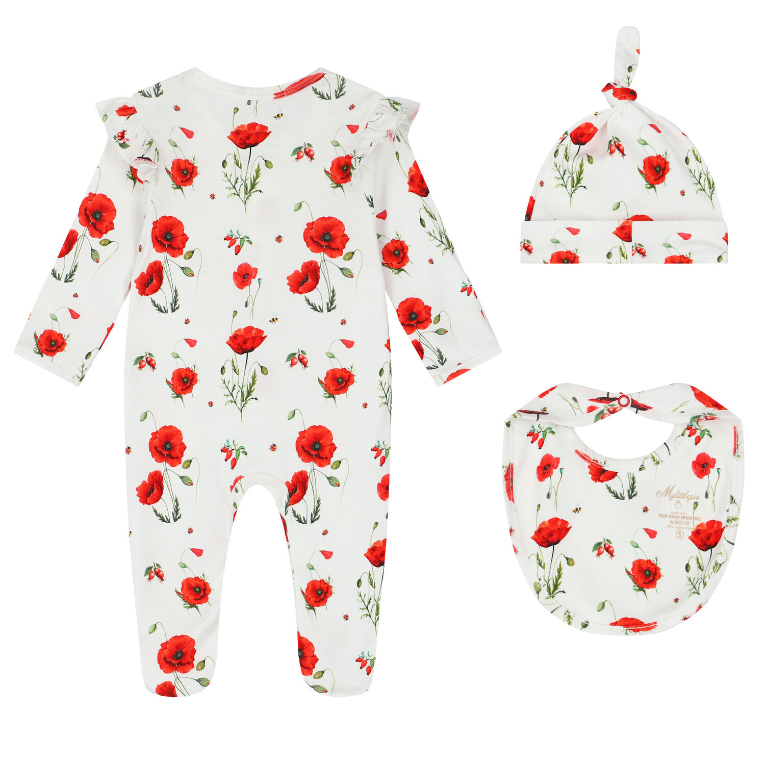 Baby Girls White & Red Poppies Babygrow Set, 1, hi-res